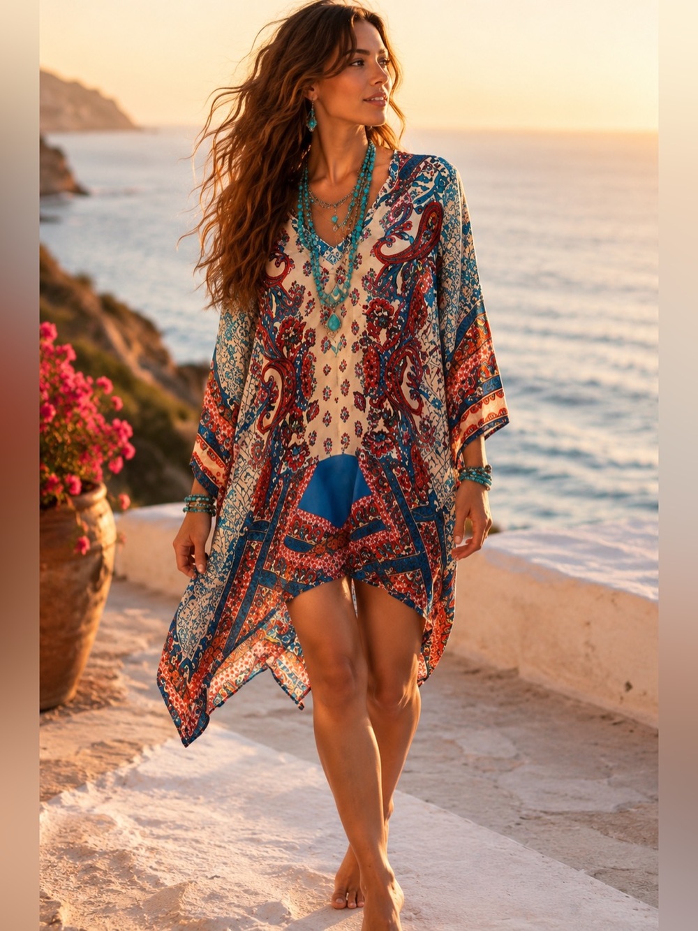 Johnny Was 100% Cupro Silk Tunic Dress Boho Paisley Artsy Kaftan Resort Cover Up